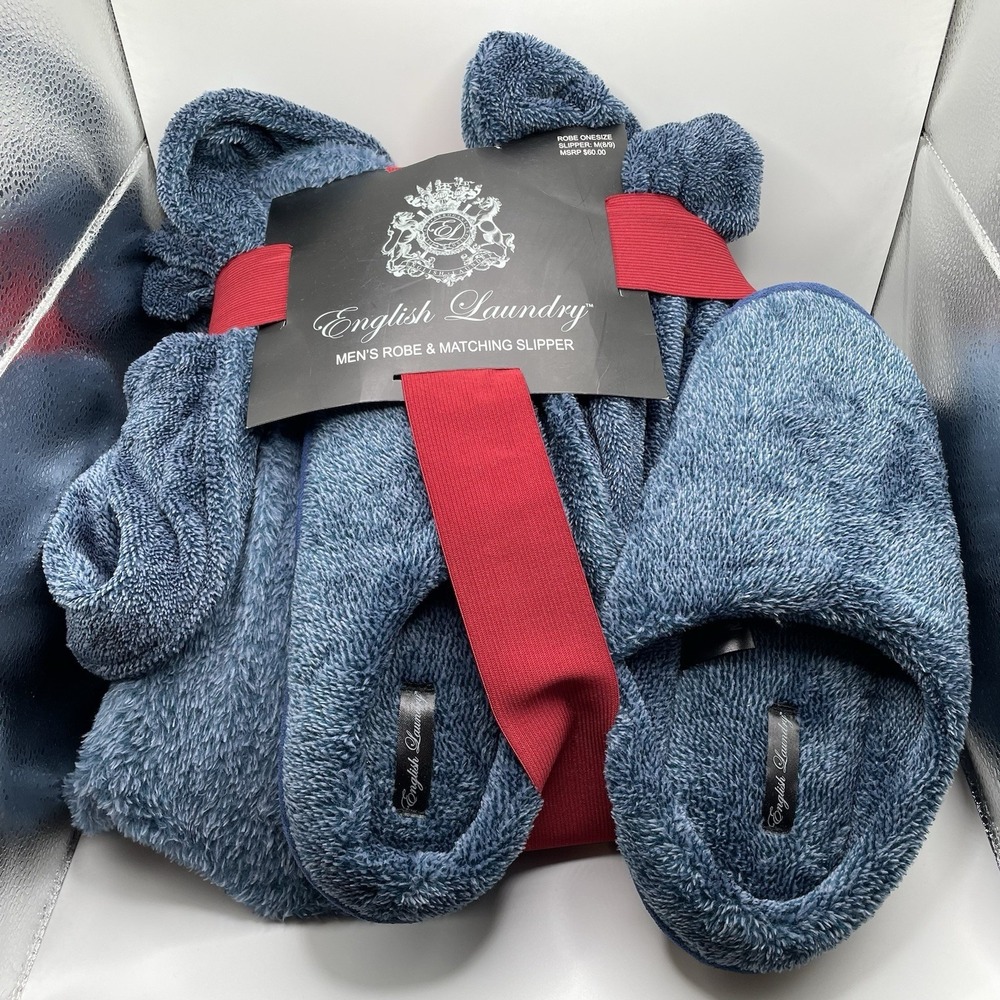 NEW English Laundry Robe & Matching Slipper (8/9 M) Set Mens One Size Dress Blue - Picture 2 of 5